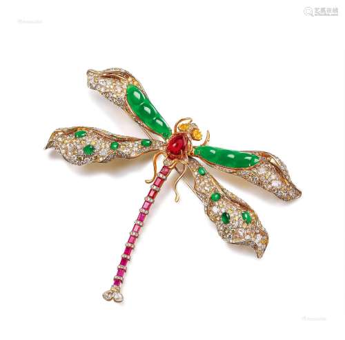 天然满绿翡翠「蜻蜓」配钻石及彩宝 胸针
