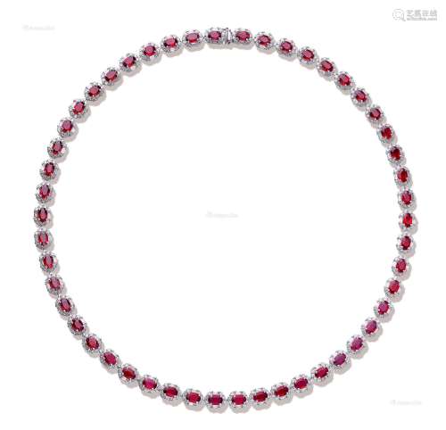 天然「鸽血红」 红宝石 配 钻石 项链，未经加热（红宝石共重约28.6克拉）