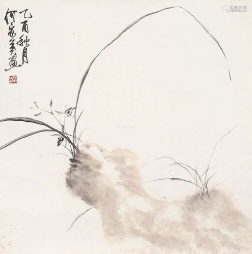 何家英（b.1957） 2005年作 兰石图 镜框 设色纸本