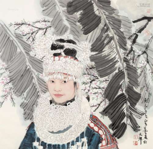 刘泉义（b.1964） 2000年作 苗家少女 镜框 设色纸本