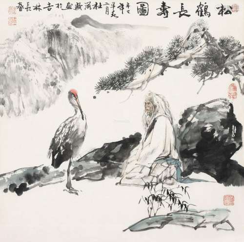 杜滋龄（b.1941） 2001年作 松鹤长寿图 镜框 设色纸本