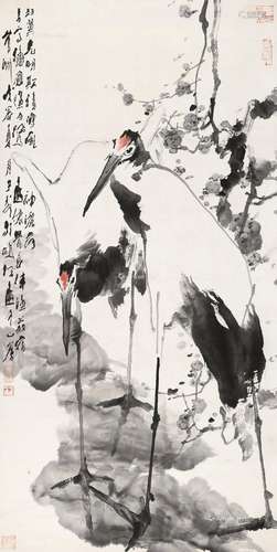 王子武（b.1936） 1988年作 梅花双鹤 镜框 设色纸本