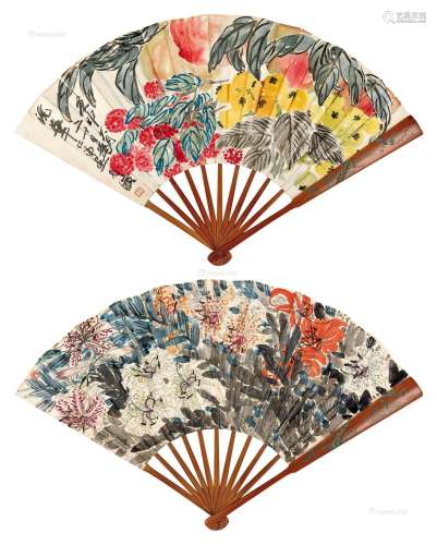 齐白石（1864-1957）陈师曾（1876-1923） 1920年作 大利图 花卉 成扇 设色纸本
