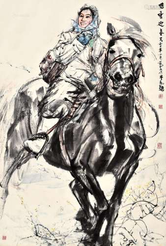 黄胄（1925-1997） 1976年作 飞雪迎春 镜框 设色纸本