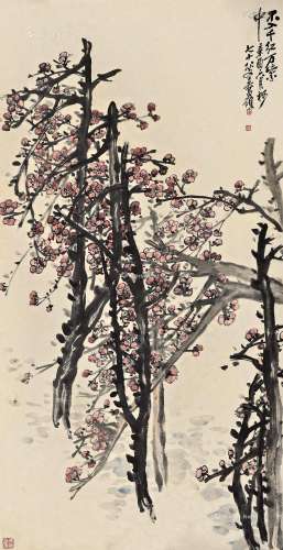 吴昌硕（1844-1927） 1921年作 红梅图 镜框 设色纸本