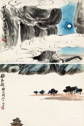 齐白石（1864-1957） 借山图 （二帧） 镜框 设色纸本