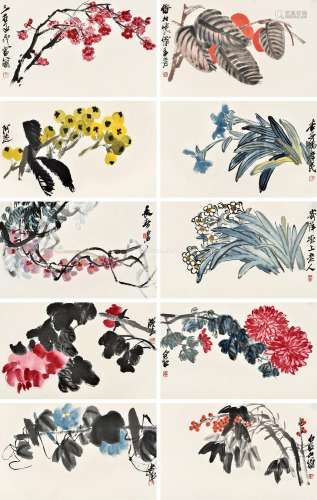 齐白石（1864-1957） 百卉争艳 册页 （十开） 设色纸本