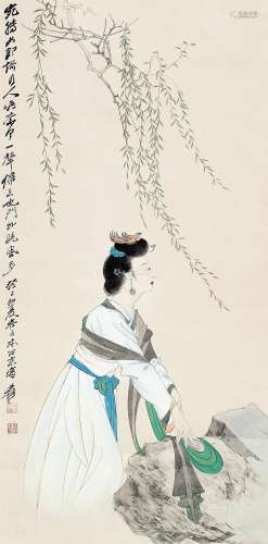 张大千（1899-1983） 1953年作 柳荫凝思 镜框 设色纸本