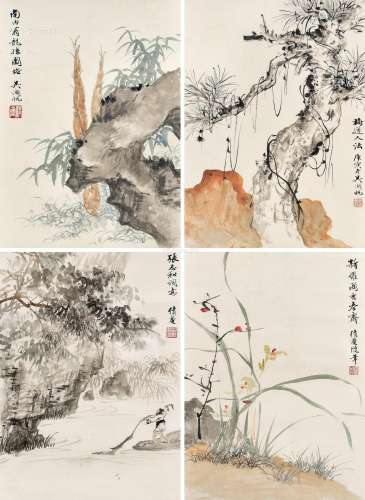 吴湖帆（1894-1968） 1950年作 仿古山水人物 镜框四屏 设色纸本
