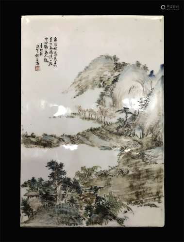 A QING DYNASTY LIGHT CRIMSON LANDSCAPE PORCELAIN PLATE BY CHENG YAN