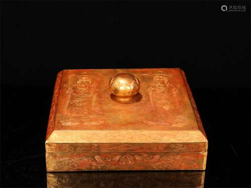A TANG DYNASTY BRONZE GILDED BUDDHA BOX WITH COVER
