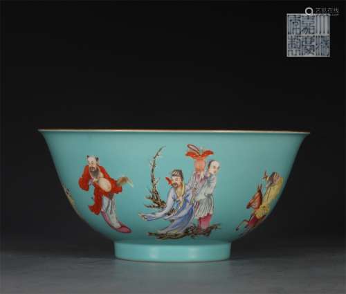 A QING JIAQING DYNASTY GREEN FAMILLE ROSE FIGURE BOWL