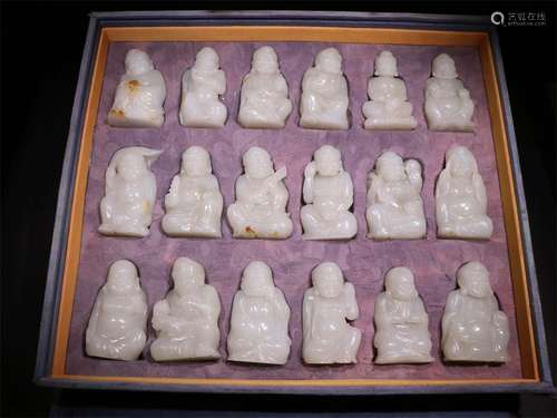 A SET OF QING DYNASTY WHITE JADE,EIGHTEEN ARHATS