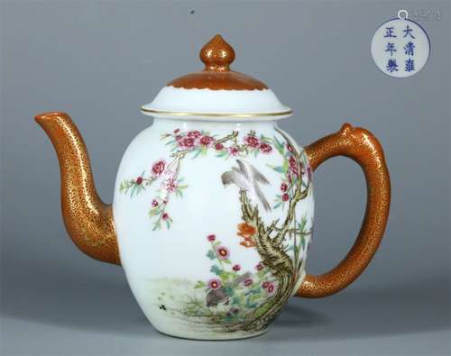 A QING QIANLONG DYNASTY ALUM RED TEAPOT PAINTED GOLD FAMILLE ROSE AND BIRD