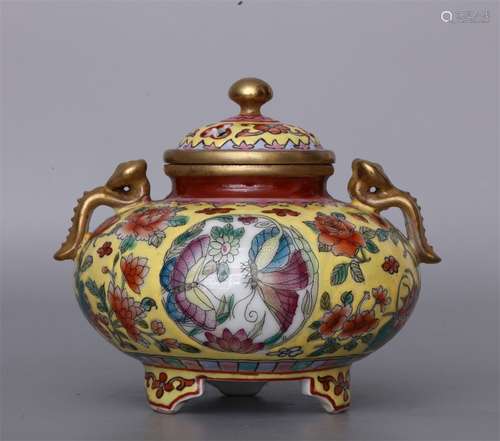 A YONGZHENG DYNASTY ROYAL ENAMEL BUTTERFLY GANODERMA LUCIDUM DOUBLE EARS INCENSE BURNER