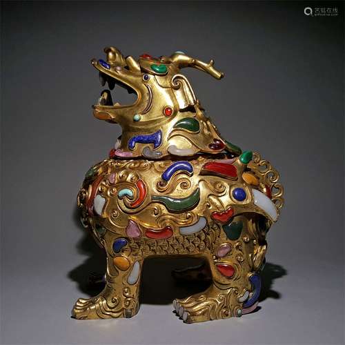 A QING DYNASTY GOLD PLATED AUSPICIOUS ANIMAL INCENSE BURNER