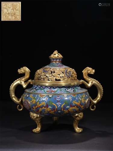 A QIANLONG YEAR'S BRONZE GILDED ENAMEL DOUBLE DRAGON EARS INCENSE BURNER