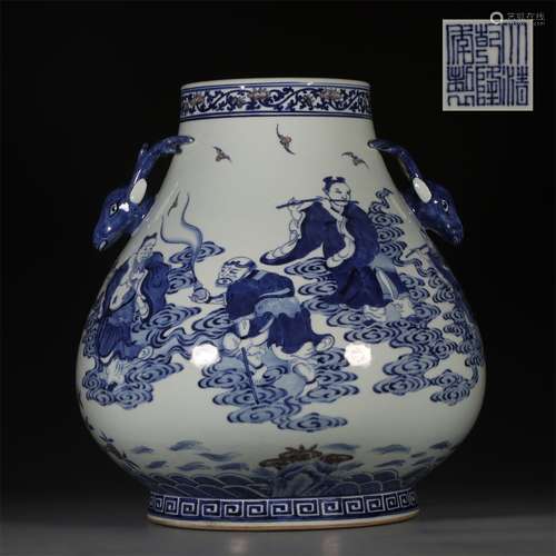 A QING QIANLONG DYNASTY BLUE AND WHITE EIGHT IMMORTALS DEER EARS JAR