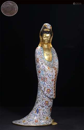 A QING DYNASTY BRONZE BODY GILDED CLOISONNE ENAMEL STATUE OF GUANYIN