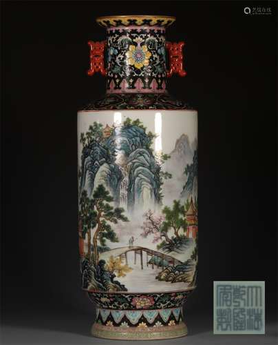 A QING QIANLONG DYNASTY FAMILLE ROSE LANDSCAPE CHARACTERS BOTTLE WITH TWO EARS