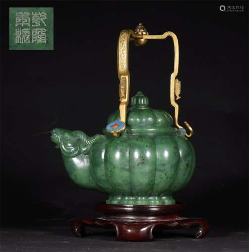 A QING DYNASTY HETIAN GREEN JADE SHEEP HEAD HOLDING POT