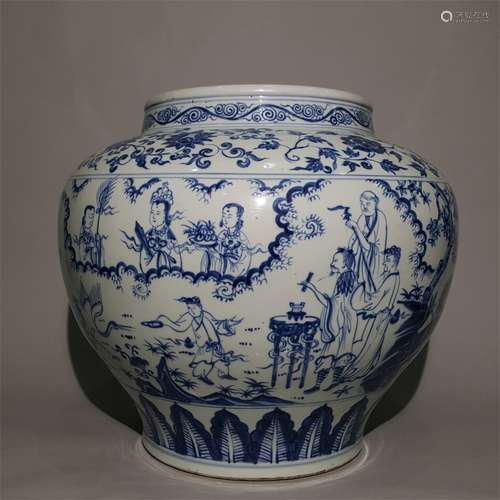 A MING DYNASTY BLUE AND WHITE  FIGURE POT