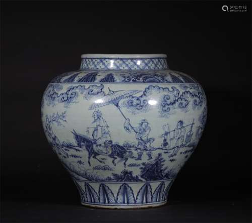 A MING DYNASTY BLUE AND WHITE FIGURE POT