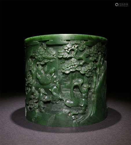 A QIANLONG HETIAN GREEN JADE FIGURE STORY BRUSH HOLDER