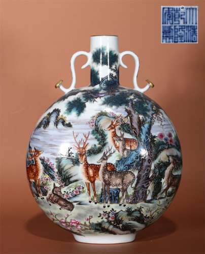 A QING QIANLONG DYNASTY ENAEL TWO EARS BOTTLE WITH DEER SINGING BANQUET