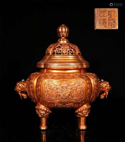 A MING DYNASTY BRONZE GILDED WITH ELEPHANT EARS INCENSE BURNER