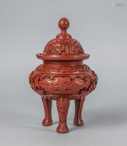 Chinese Export Carved Cinnabar Incense Burner