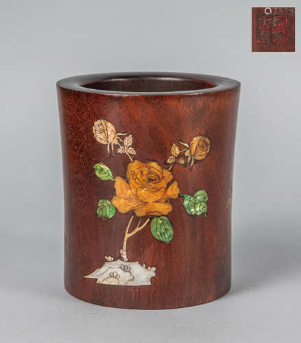 Chinese Wood Brush Pot Inlaid Pearl