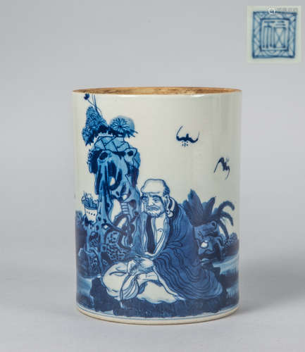 Chinese Blue & White Porcelain Brush Pot