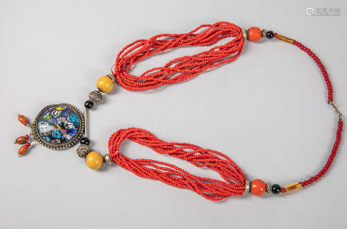 Beaded Necklace with Painted Silver Pendant