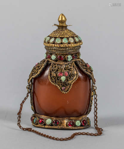 Chinese Emperor Type Amber Like & Brass Snuff Bottle