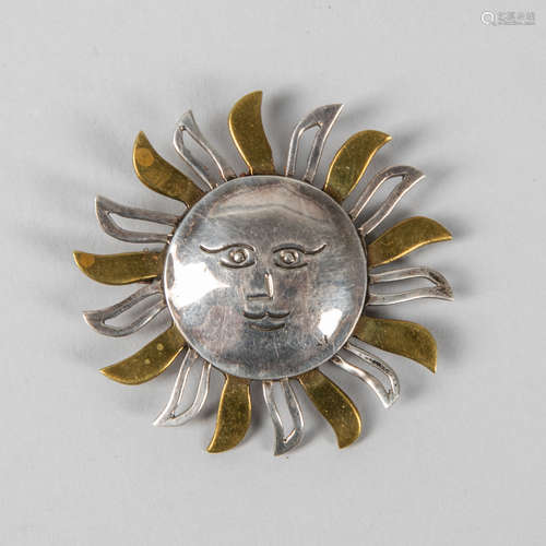 Vintage Taxco Sterling Brass Sun Face Celestial Zodiac Brooch