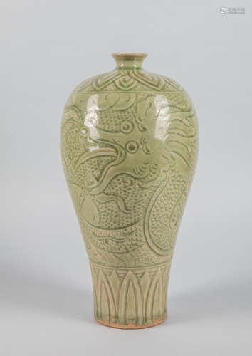 Korean Joseon Celadon Glazed Dragon Vase