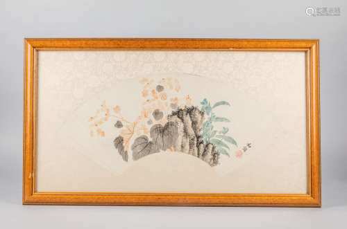 Chinese Old Water Color Fan Painting with Frame