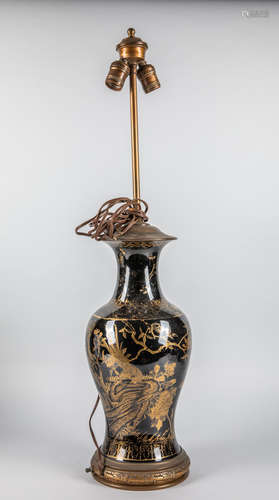 Tall Chinese Gold Black Glazed Porcelain Lamp