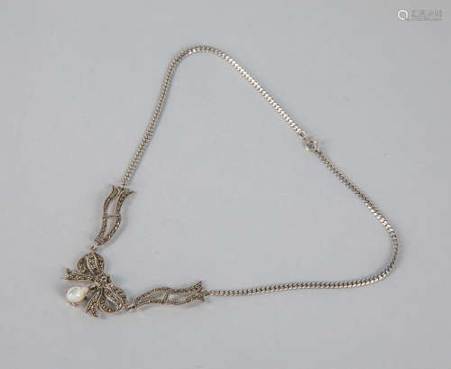 Designed Marcasite Bow Silver Necklace
