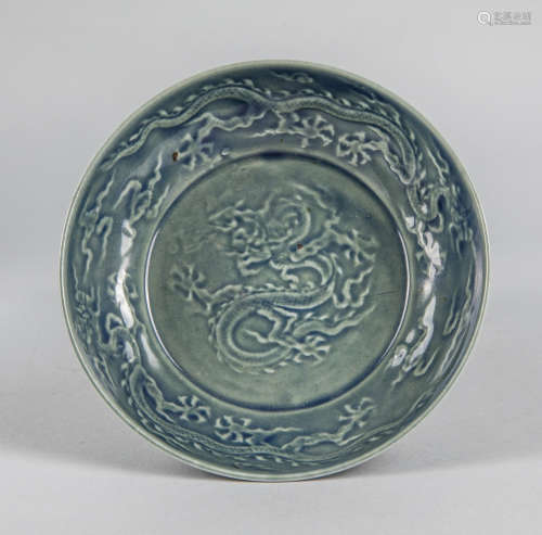 Chinese Old Blue Glazed Dragon Plate
