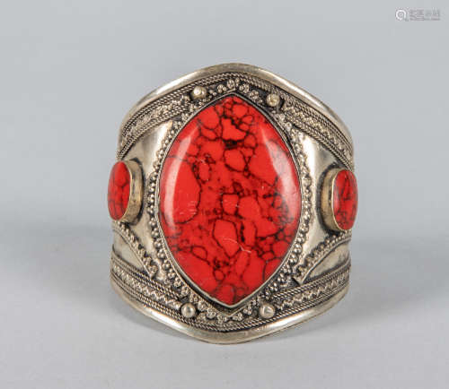 Large Lg Silver Cuff with Coral Like Stone