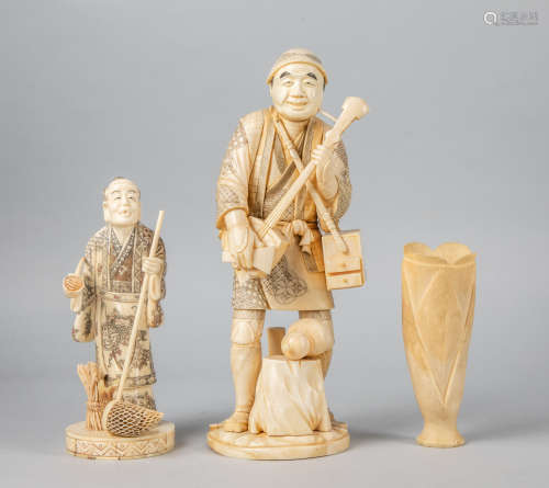 Group of Tall Japanese Taisho Bone Carved Figures