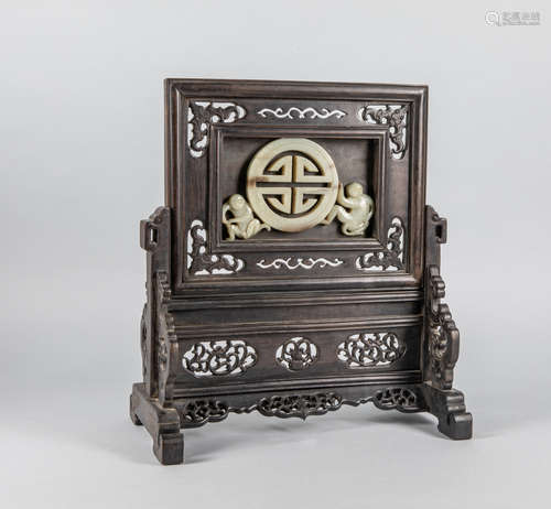 Chinese Decorated Wood & Jade Table Screen