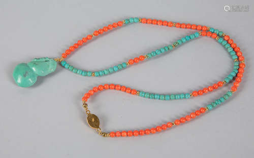 Chinese Export Turquoise & Coral Like Necklace