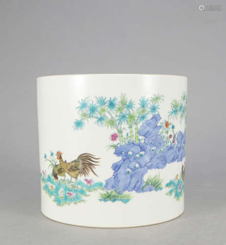 Chinese Doucai Porcelain Brush Pot, Marked