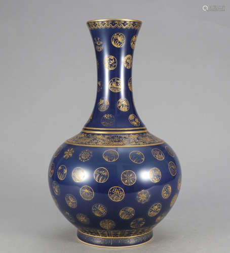 Chinese Gilded Blue Glazed Porcelain Vase