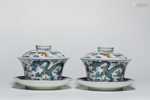 Chinese Doucai Dragon Porcelain Tea Cups