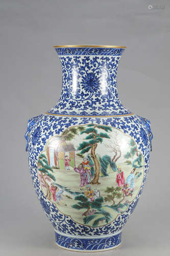 Chinese Blue White Famille Rose Porcelain Vase, Ma