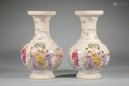 Chinese Famille Rose Figural Porcelain Vase, Pair